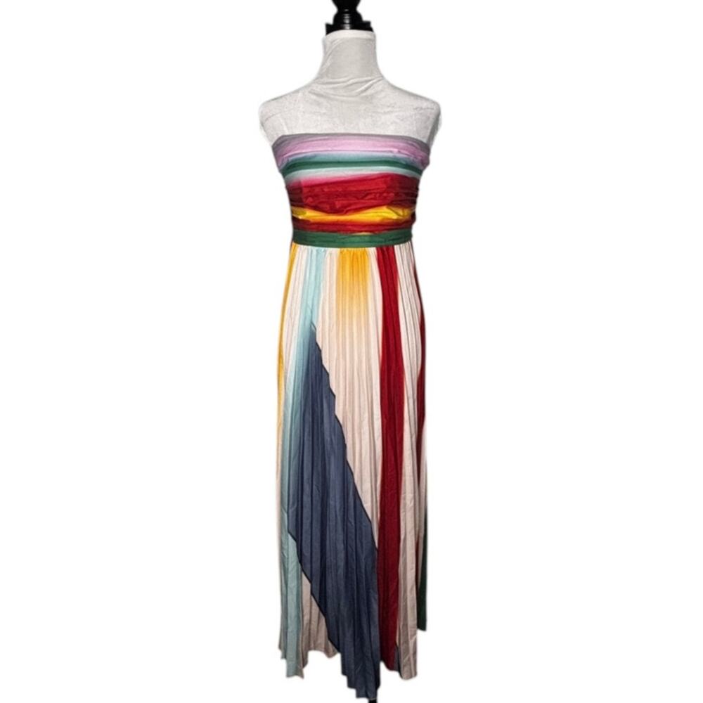 Strapless Pleated Maxi Dress Multicolored Size Large